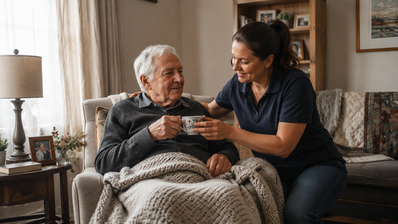 mobilna seniorka, bez nocek, miła pogodna z demencją